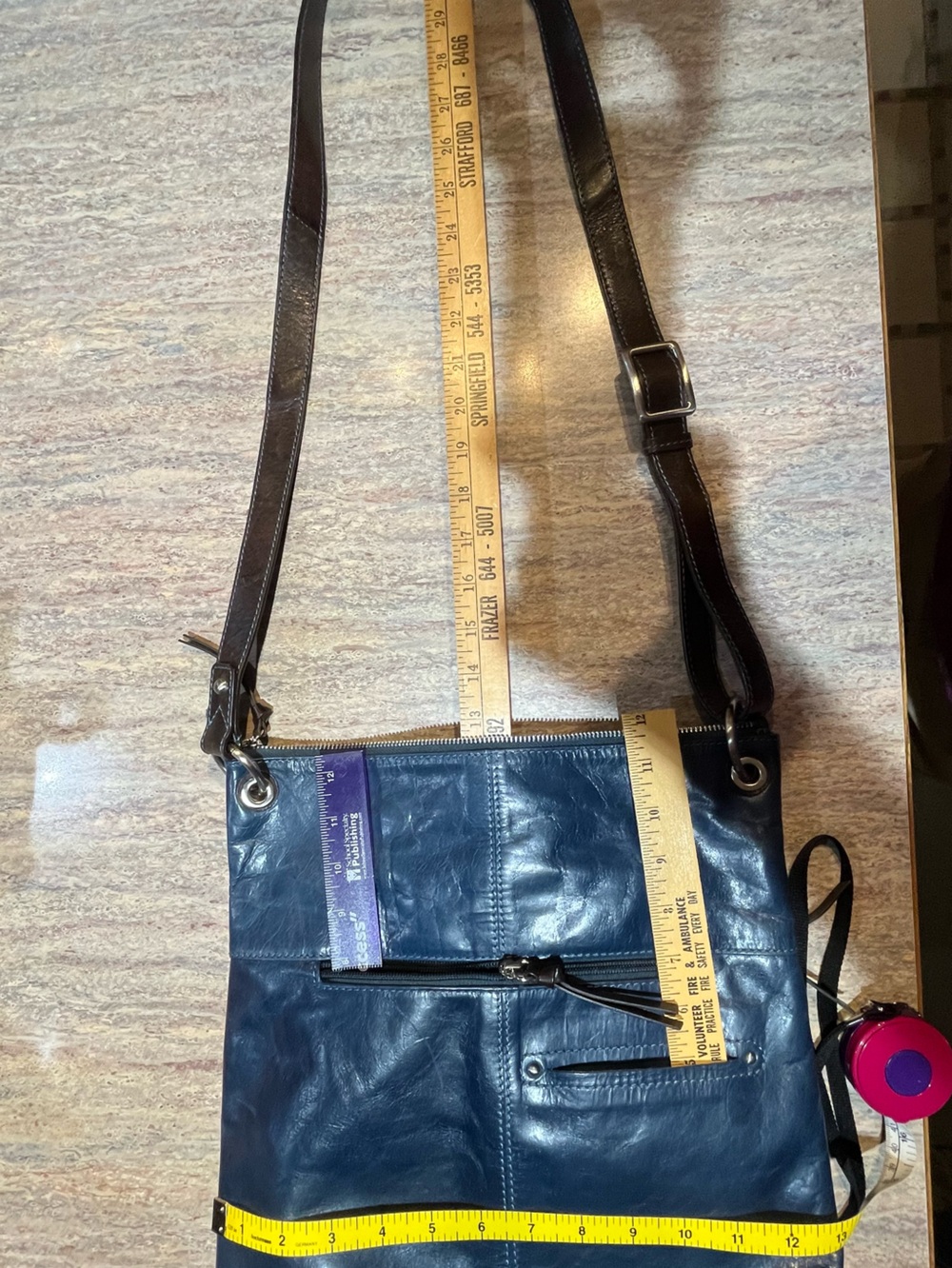 Nino BOSSI Women's Navy Leather Crossbody Bag, Dark Brown Leather Trim EUC - Picture 11 of 11